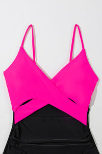 Pink and Black Crossover Cutout One Piece Padded Swimsuit