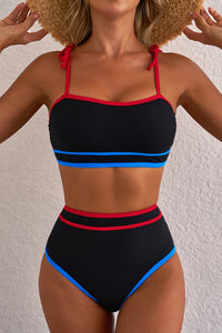 Black with Blue Red Stripe Trim High Waist Bikini Set