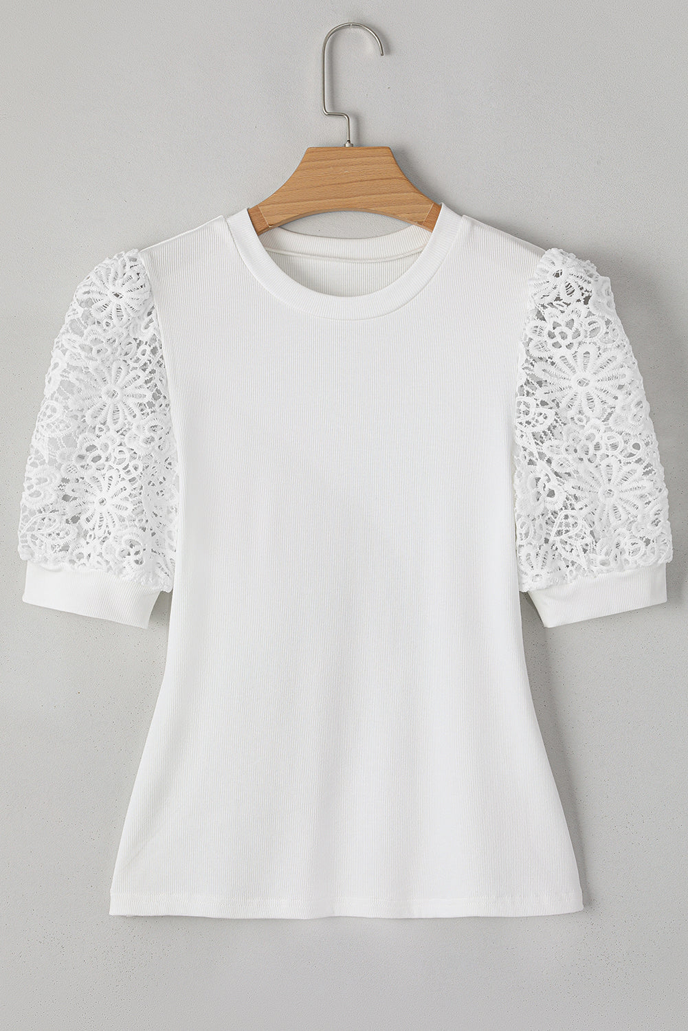 White Floral Crocheted Lace Half Sleeve Ribbed Knit Shirt