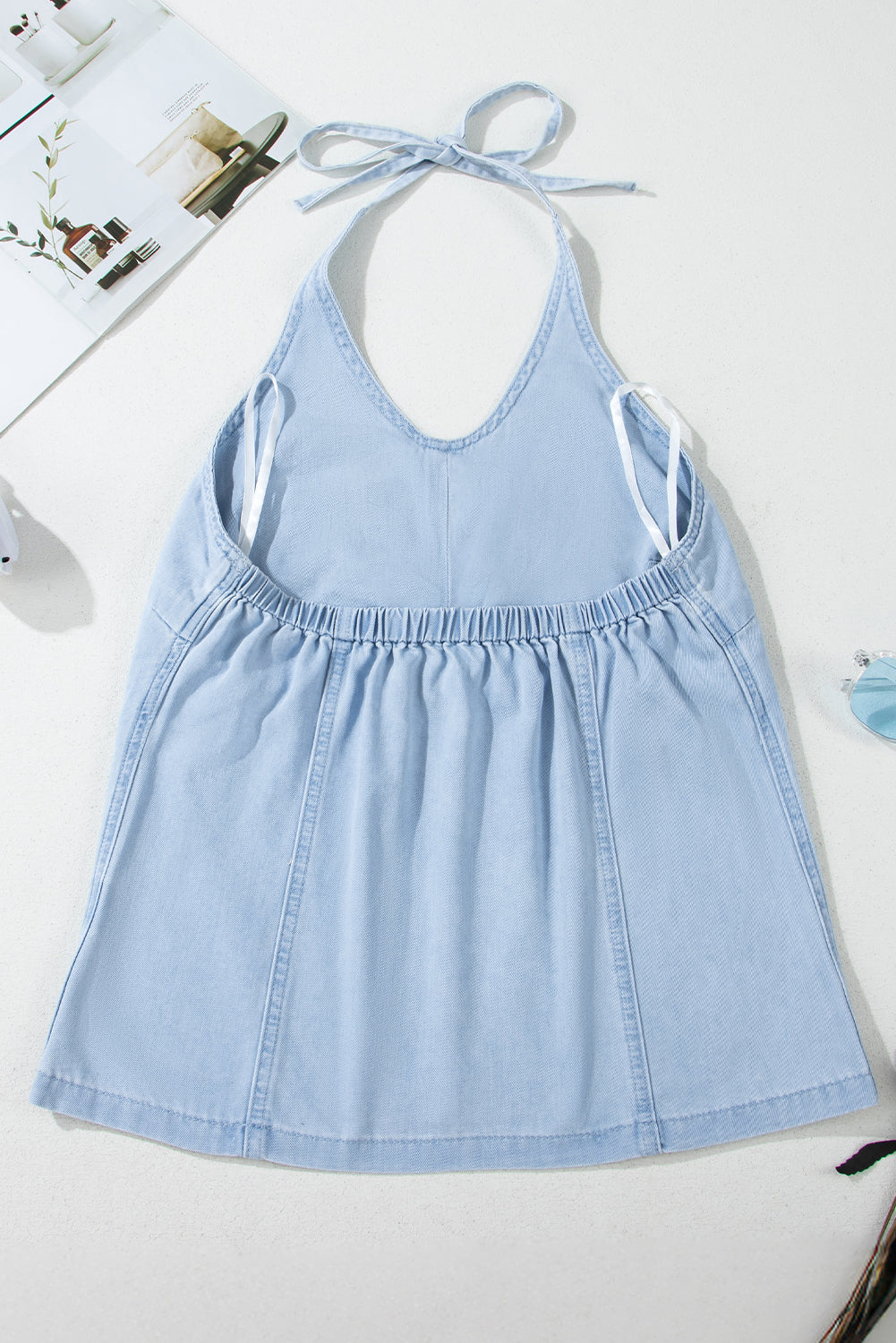 Light Wash V-Neck Lightweight Denim Halter Tank Top