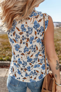 Sky Blue Floral Print Knotted V-Neck Sleeveless Blouse