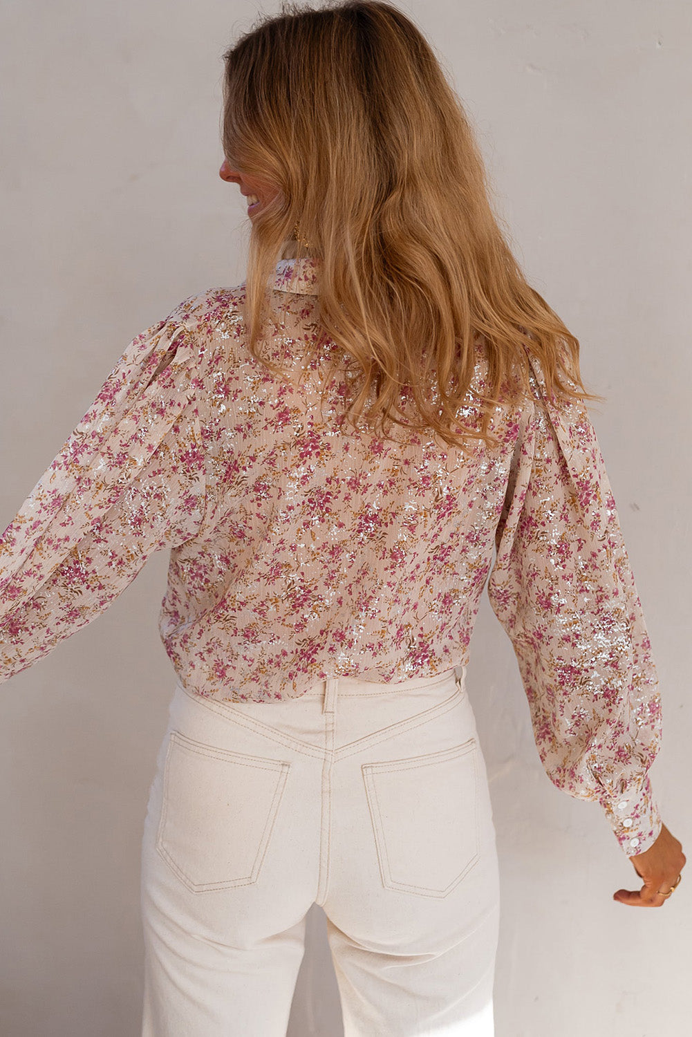 Pink Floral Silver Accent Print Bishop Sleeve Collared V-Neck Blouse