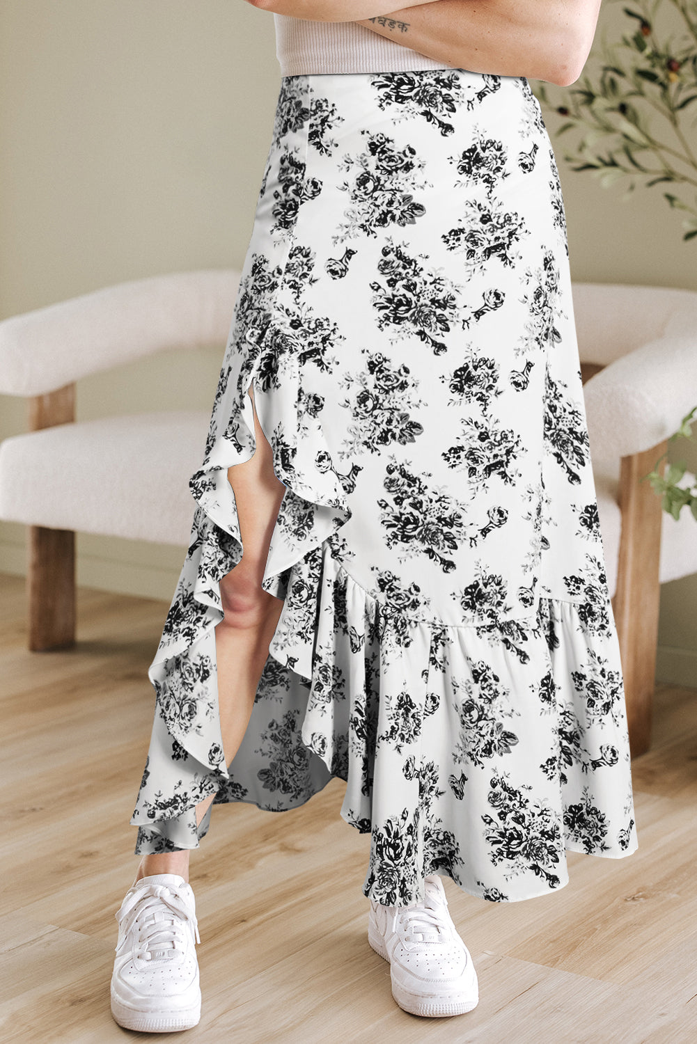 Country Floral High Waist Ruffle Split Maxi Skirt