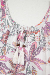 Pink Floral Scoop Neck Fringed Tie Sleeveless Mini Dress