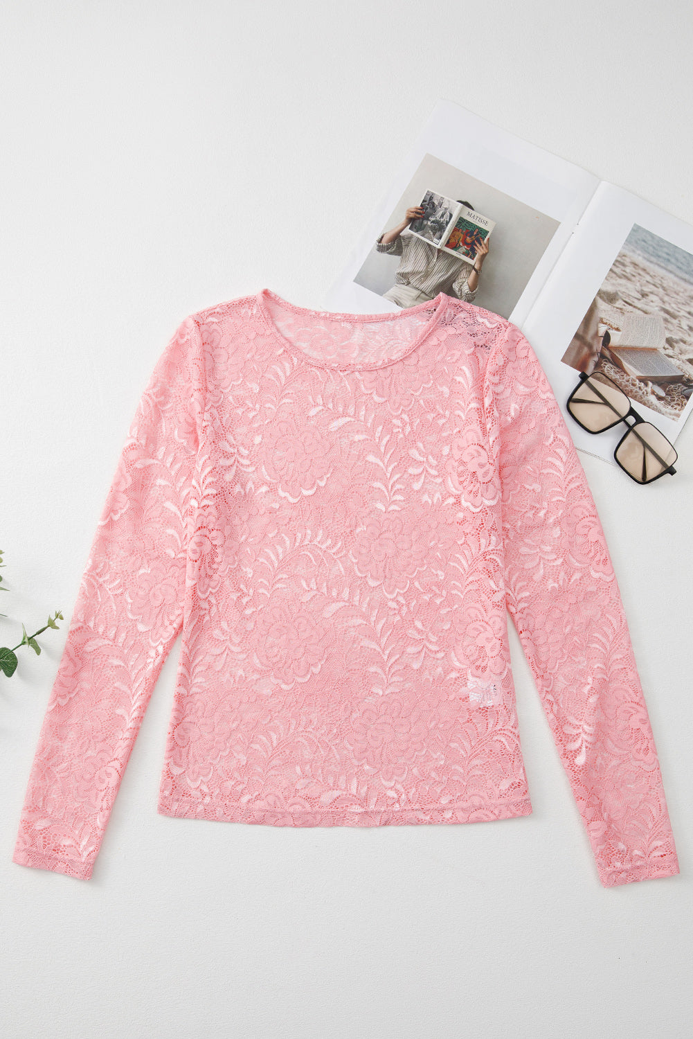 Pink Floral Lace Sheer Long Sleeve Fitted Top