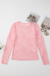 Pink Floral Lace Sheer Long Sleeve Fitted Top