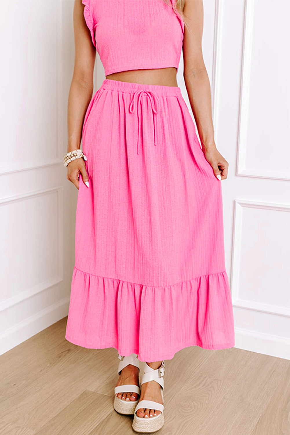 Pink Textured Ruffle Crop Top and Long Skirt Two Piece Set