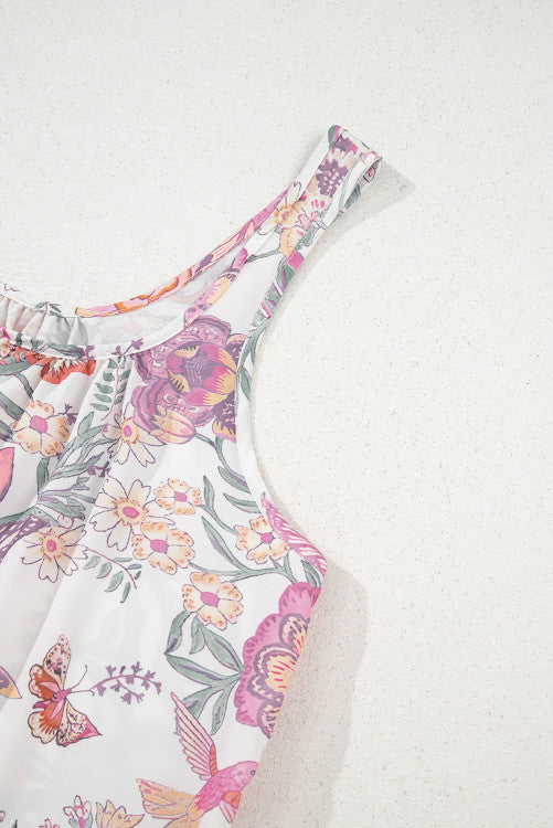 Pink Floral Scoop Neck Fringed Tie Sleeveless Mini Dress