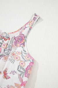 Pink Floral Scoop Neck Fringed Tie Sleeveless Mini Dress