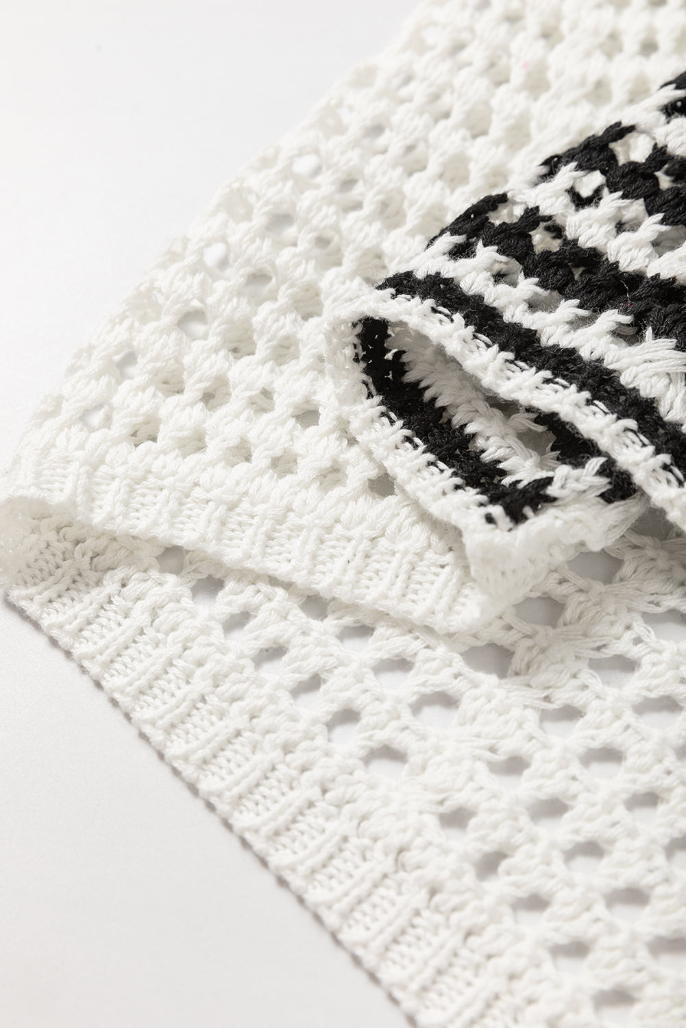 White Black Stripe Open Knit Puff Sleeve Sweater