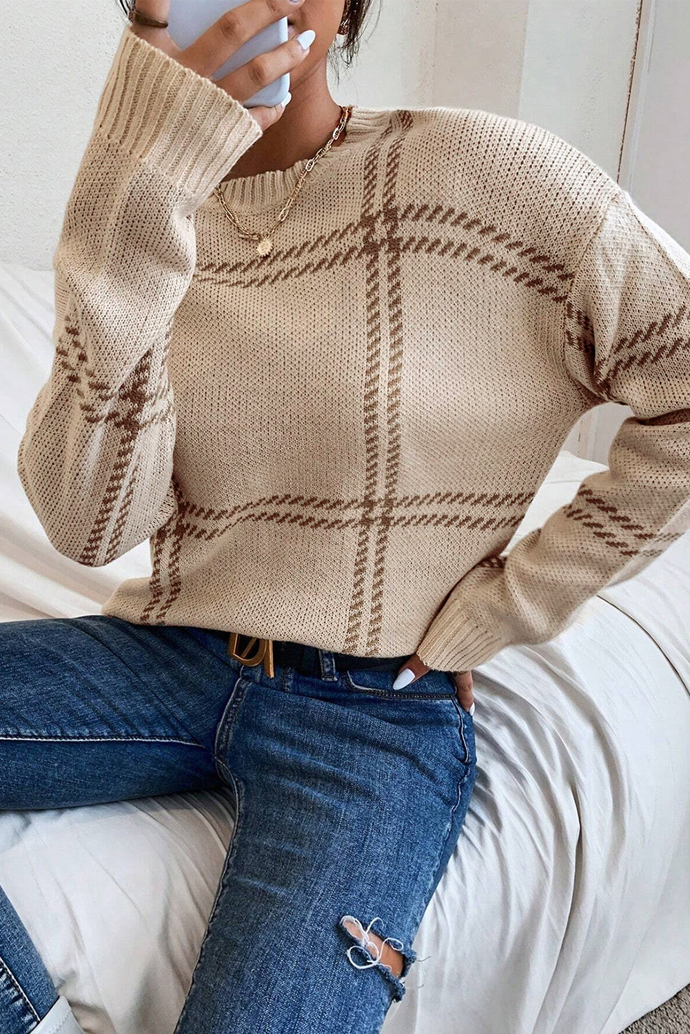 Beige Window Pane Plaid Drop Shoulder Knit Sweater