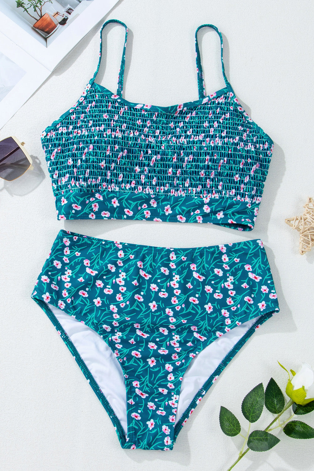 Blue Teal Mini Floral Print Smocked Bikini Top and Bottom Set