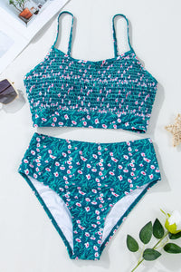 Blue Teal Mini Floral Print Smocked Bikini Top and Bottom Set