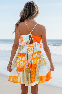 Orange Summer Life  Patchwork Print Tie Strap Sundress