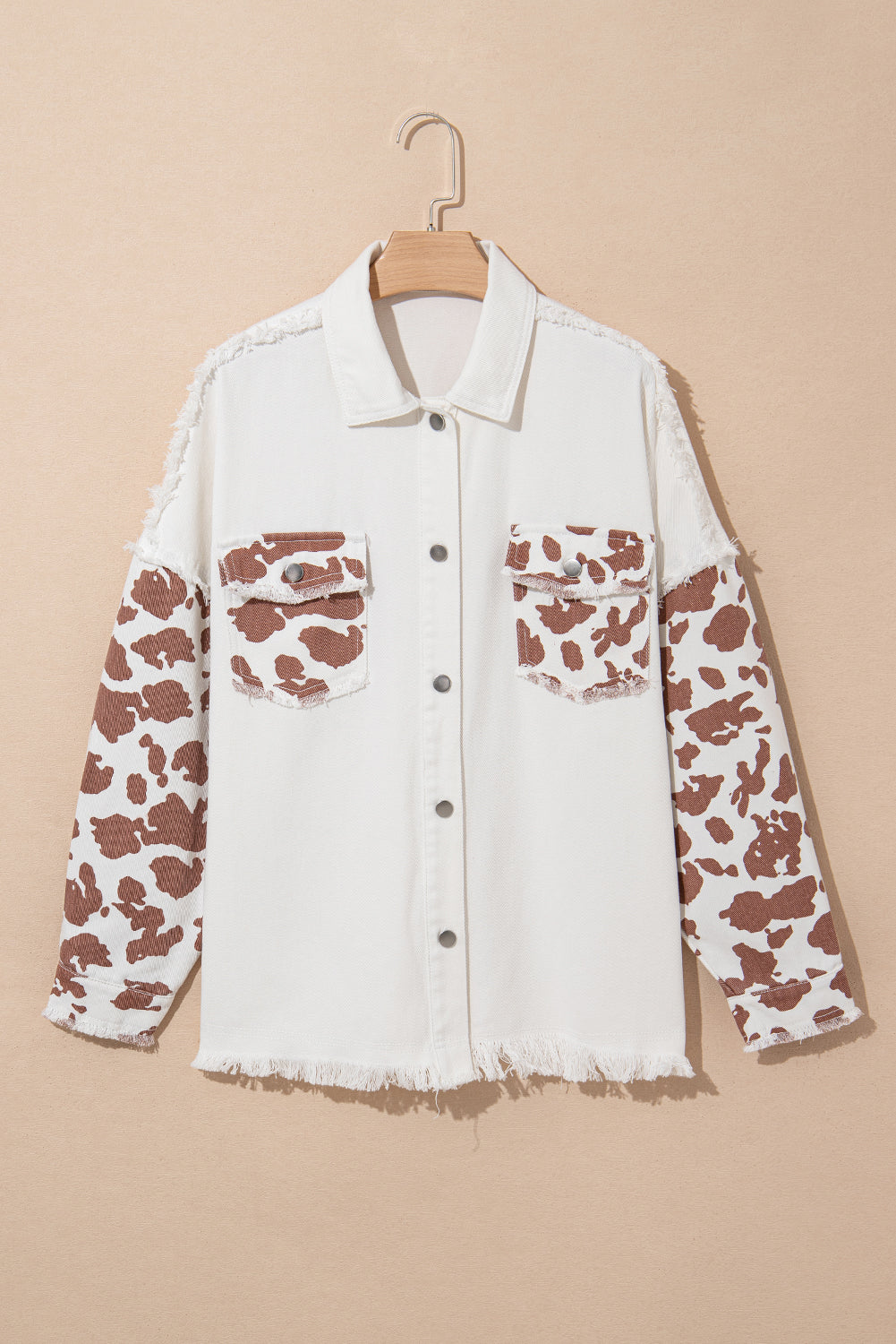 Brown Cow Print Patchwork Distressed Hem Long Denim Jacket
