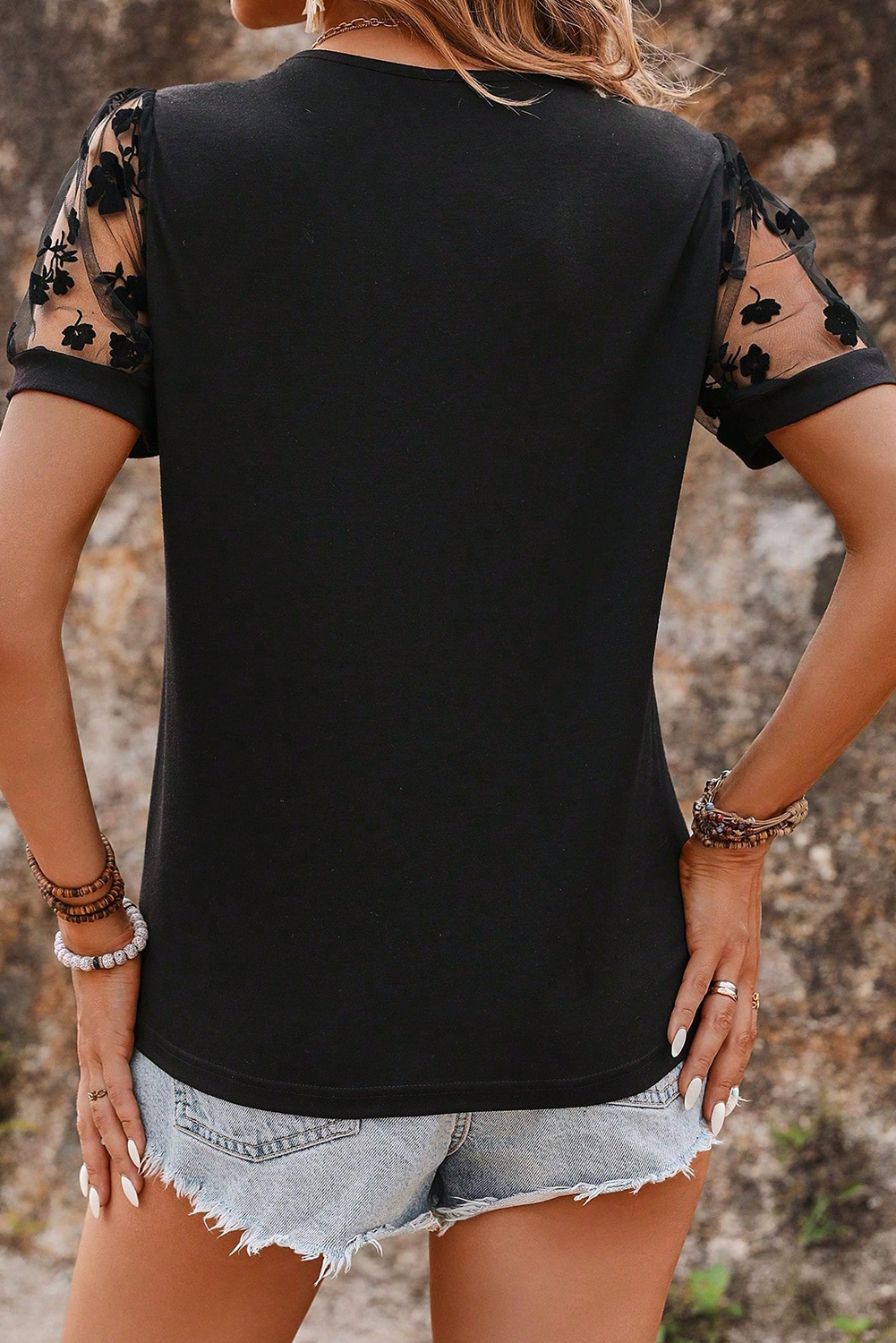 Black Floral Lace V-Neck Cut-out Short Sleeve Top