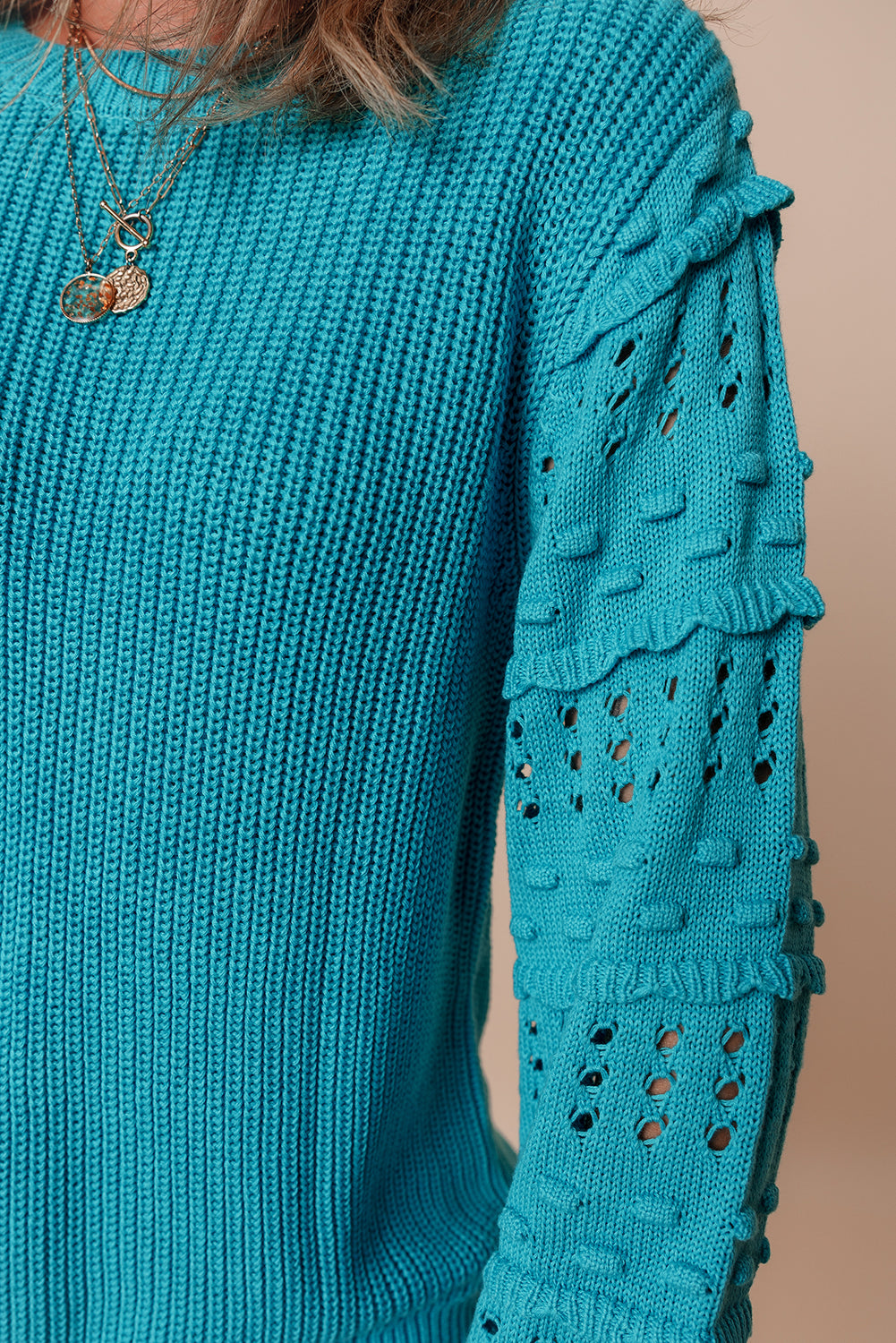 Turquoise Eyelet Bubble Sleeve Knit Sweater