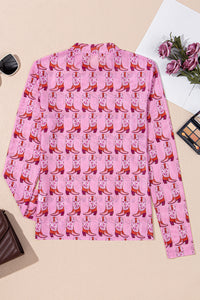 Pink Cowgirl Boots Print Mock Neck Long Sleeve Mesh Top
