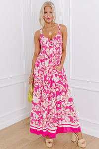 Bright Pink Floral V-Neck Crisscross Open Back Maxi Dress