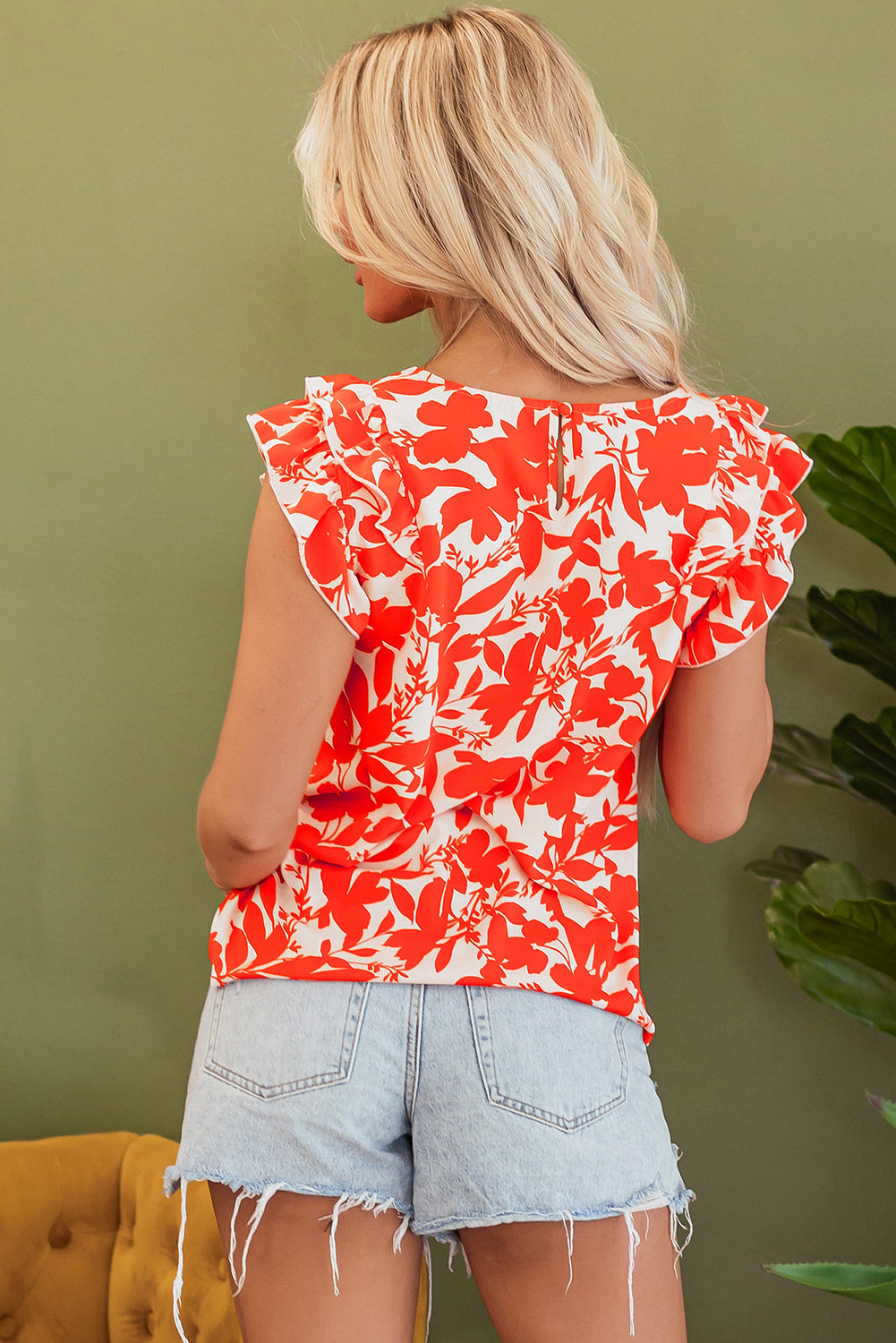 Orange Floral Ruffle Flutter Sleeve Blouse