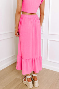 Pink Textured Ruffle Crop Top and Long Skirt Two Piece Set