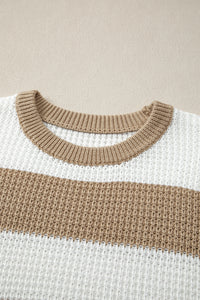 Light Beige Striped Drop Shoulder Side Slit Cable Knit Sweater