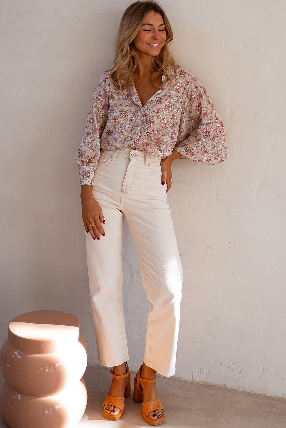 Pink Floral Silver Accent Print Bishop Sleeve Collared V-Neck Blouse