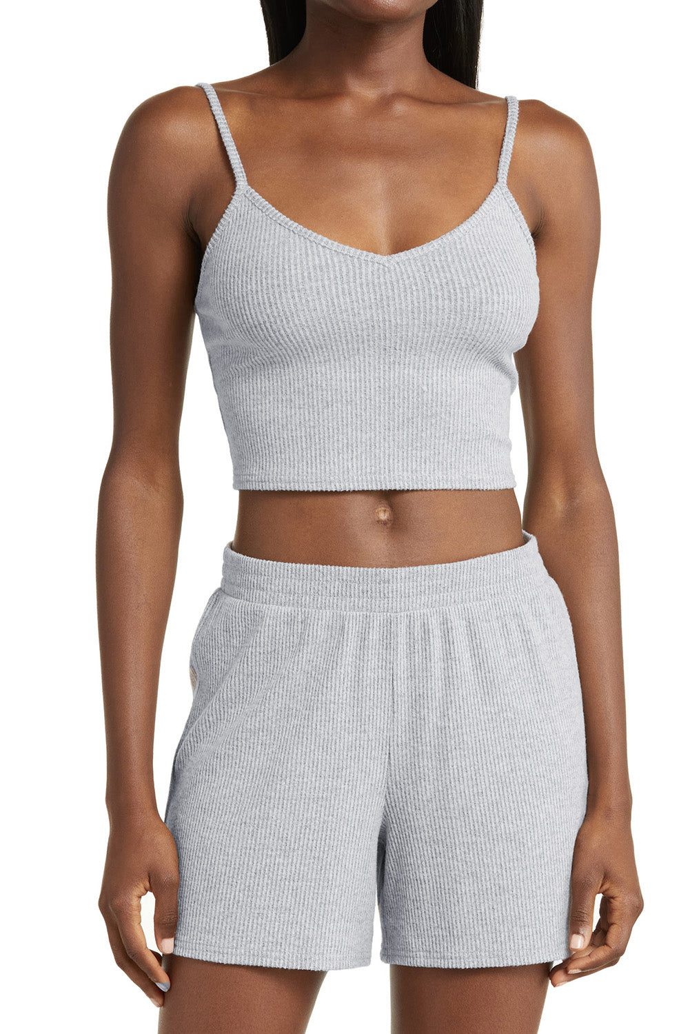Light Grey 3-Piece Ribbed Knit Crop Camisole Matching Shorts and Cardigan Lounge Set