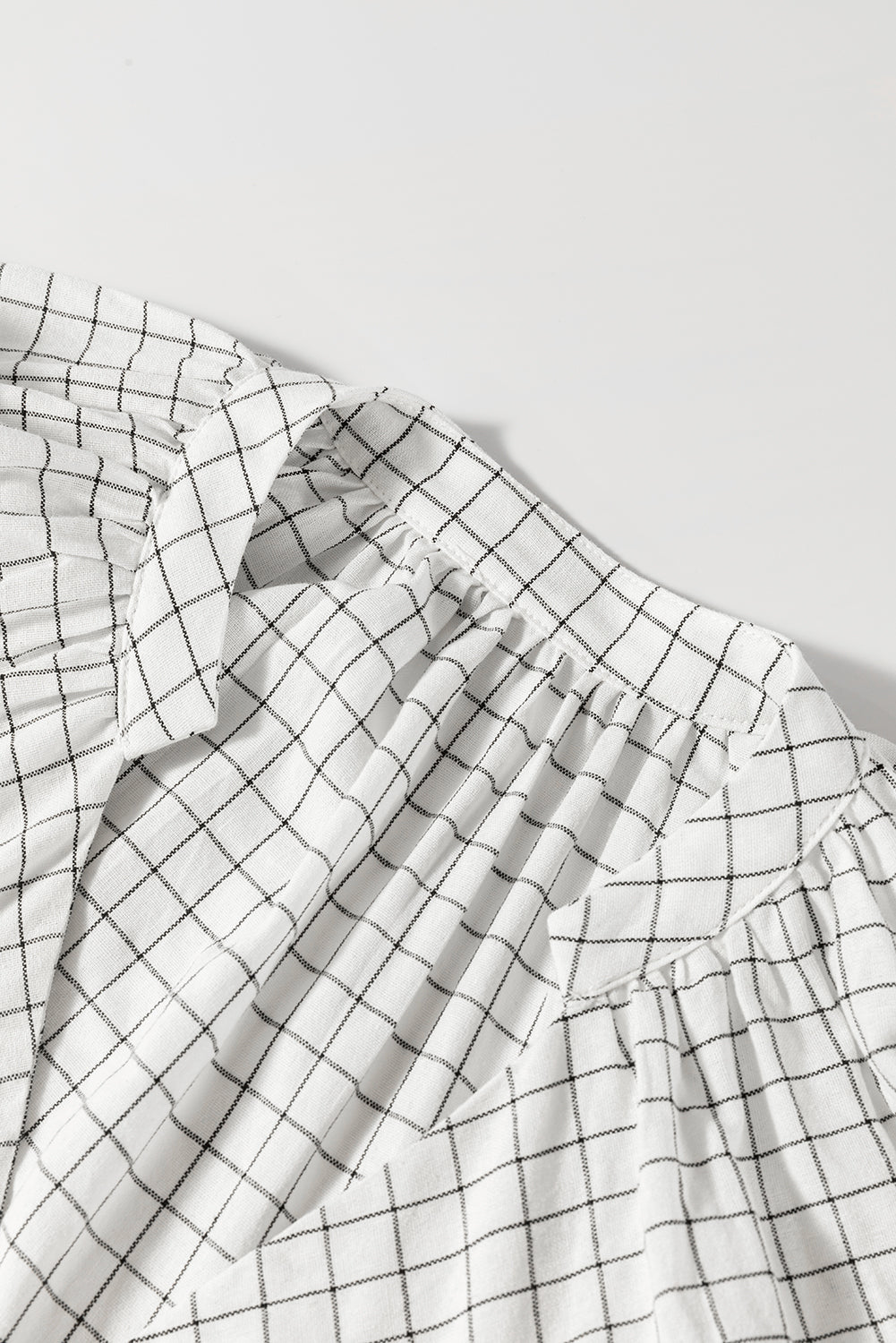 White Stripe Checkered Frilled V-Neck Bracelet Sleeve Babydoll Dress