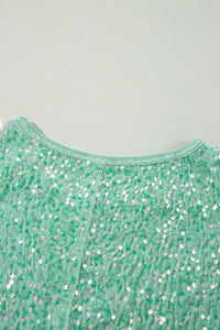 Mint Green Sequined Velour Batwing Sleeve Hi-lo V-Neck Top