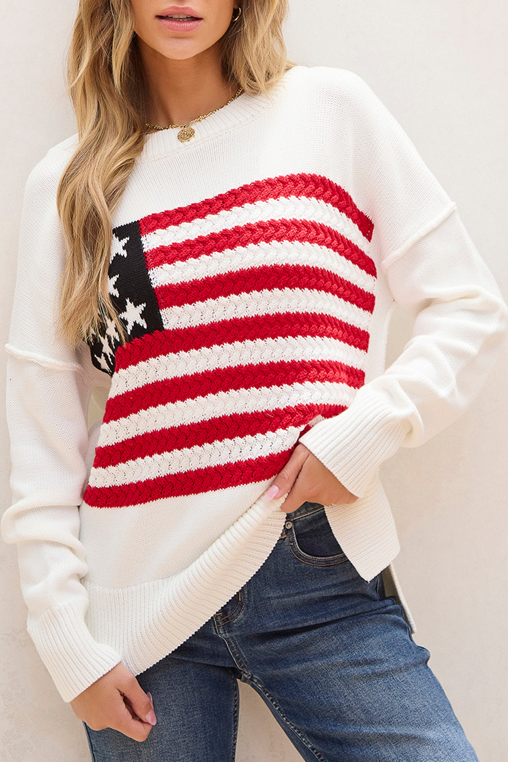 White American Flag Cable Knit Sweater