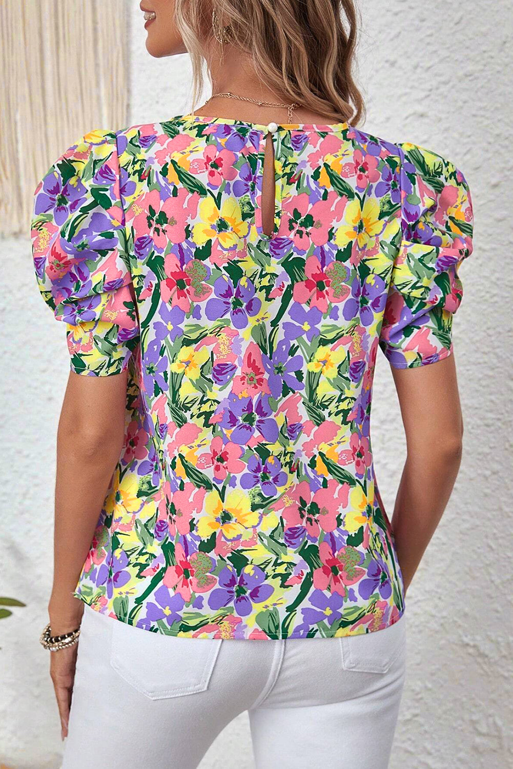 Purple Yellow Floral Keyhole Back Short Sleeve Blouse