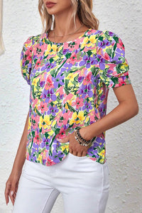 Purple Yellow Floral Keyhole Back Short Sleeve Blouse