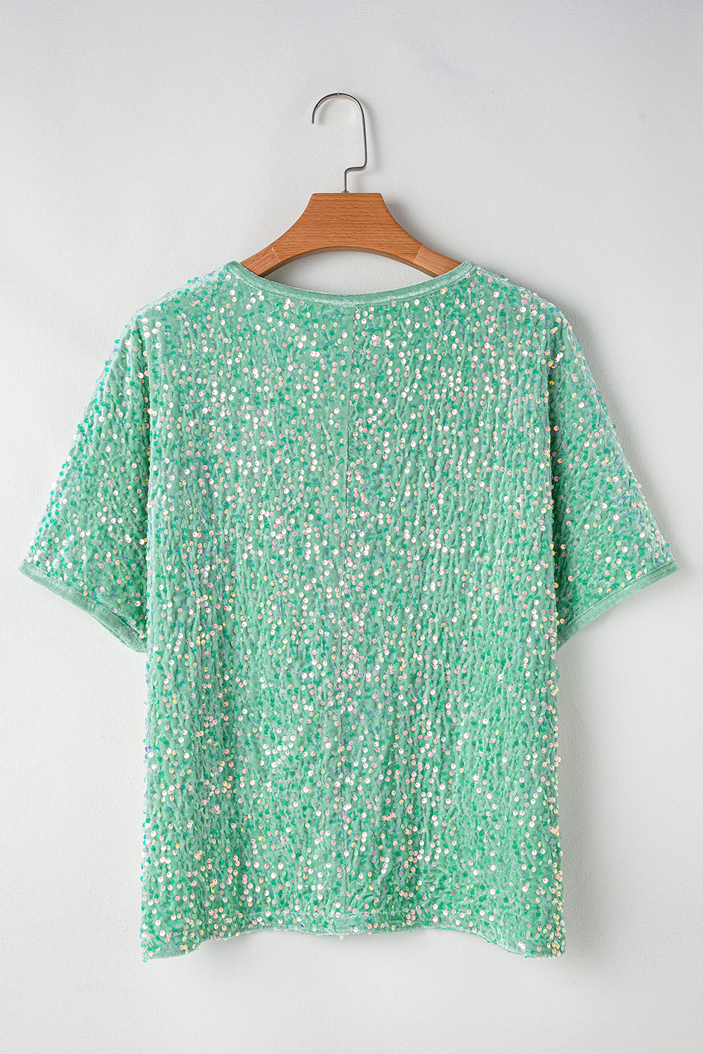 Mint Green Sequined Velour Batwing Sleeve Hi-lo V-Neck Top