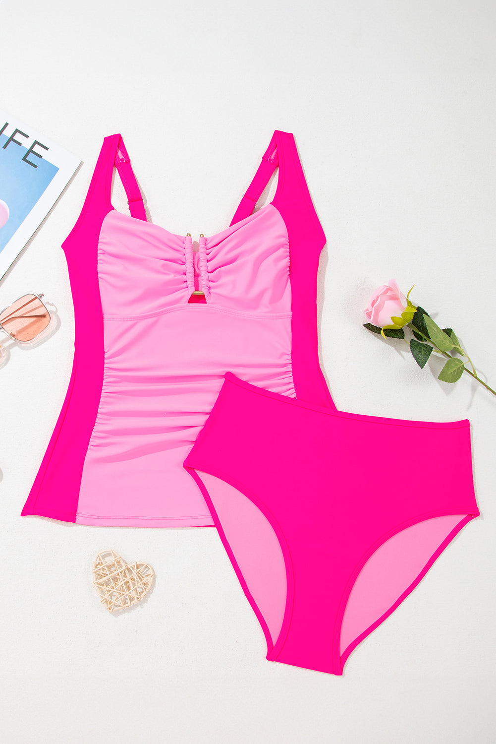 Fuchsia Pink Color Block Ruched Tankini 2-Pc. Swimsuit