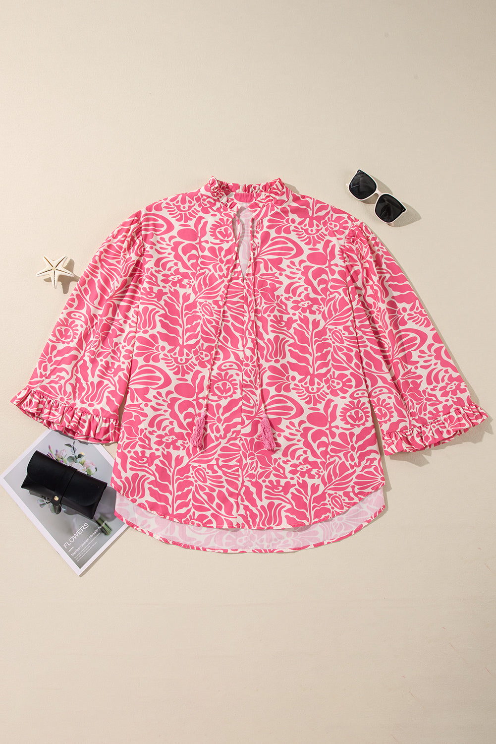 Plus Size Pink Floral Ruffly Split Mock Neck 3/4 Sleeve Blouse