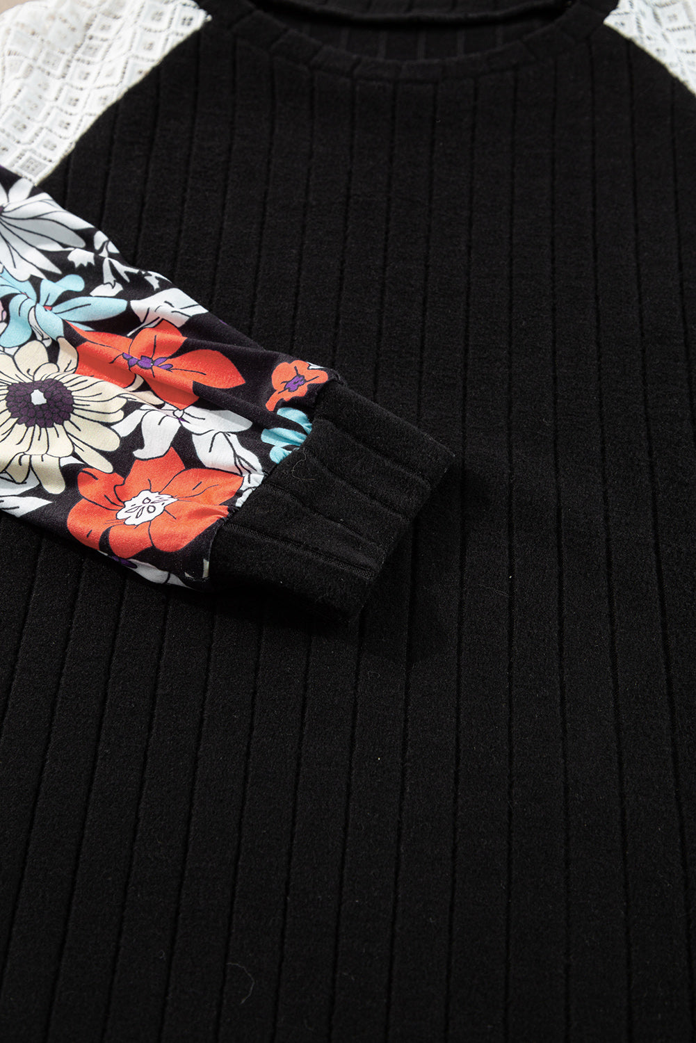 Black Floral Color Block Long Sleeve Textured Shirt