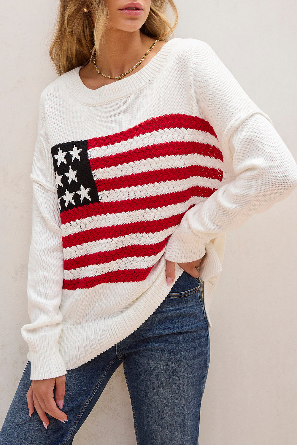 White American Flag Cable Knit Sweater