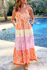Orange Pink Yellow Floral Tiered Color-block Maxi Sun Dress