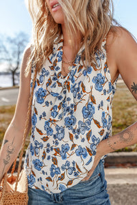 Sky Blue Floral Print Knotted V-Neck Sleeveless Blouse