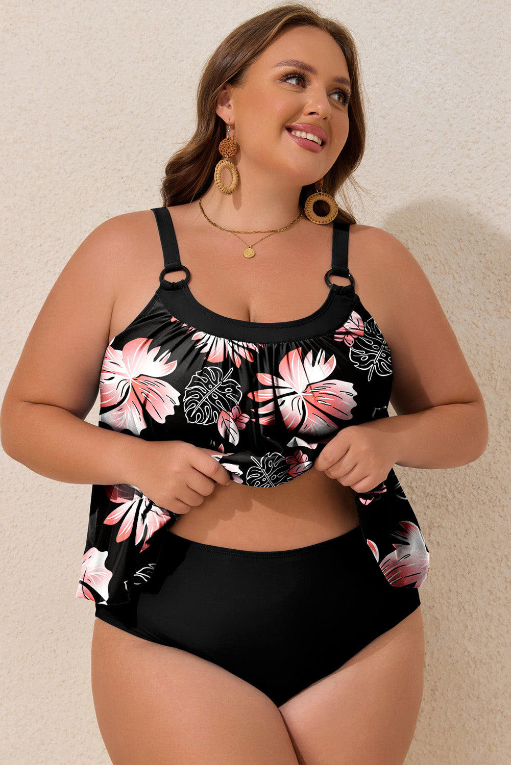 Plus Size Black Pink Floral Wide Strap Tankini Set