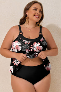 Plus Size Black Pink Floral Wide Strap Tankini Set