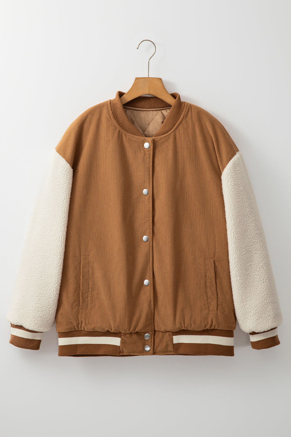 Tan & Cream Corduroy Fleece Button Up Varsity Jacket