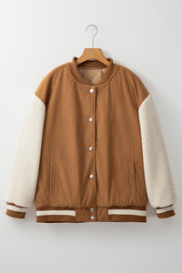 Tan & Cream Corduroy Fleece Button Up Varsity Jacket