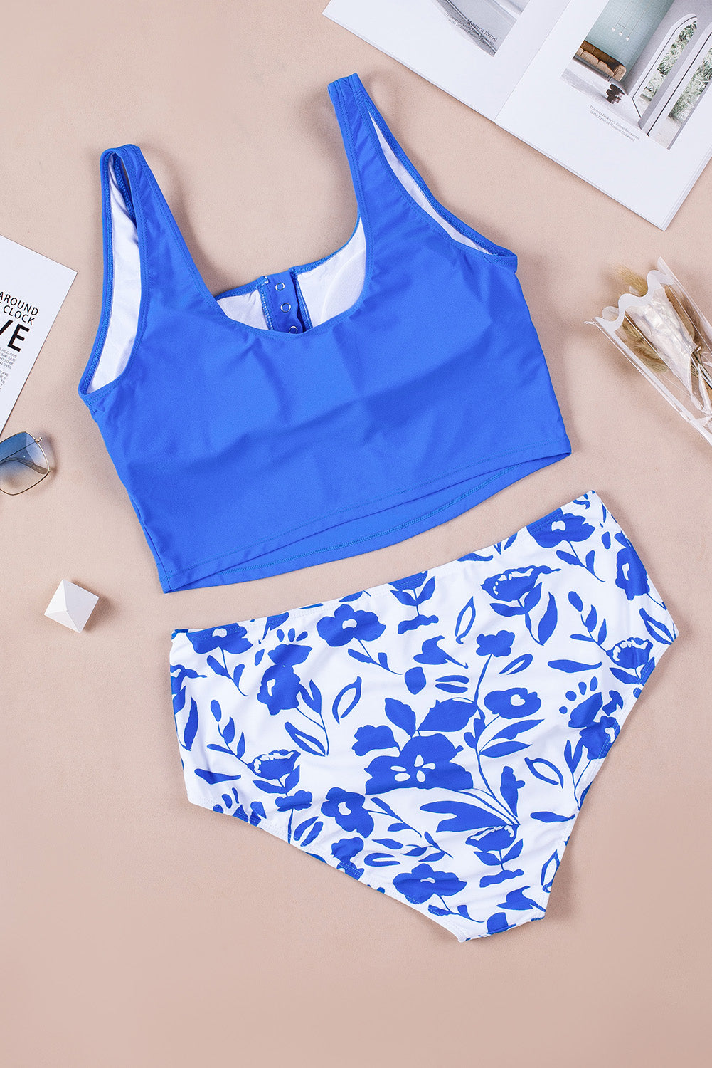 Solid Color Snap Neckline Top Printed Bottom Tankini