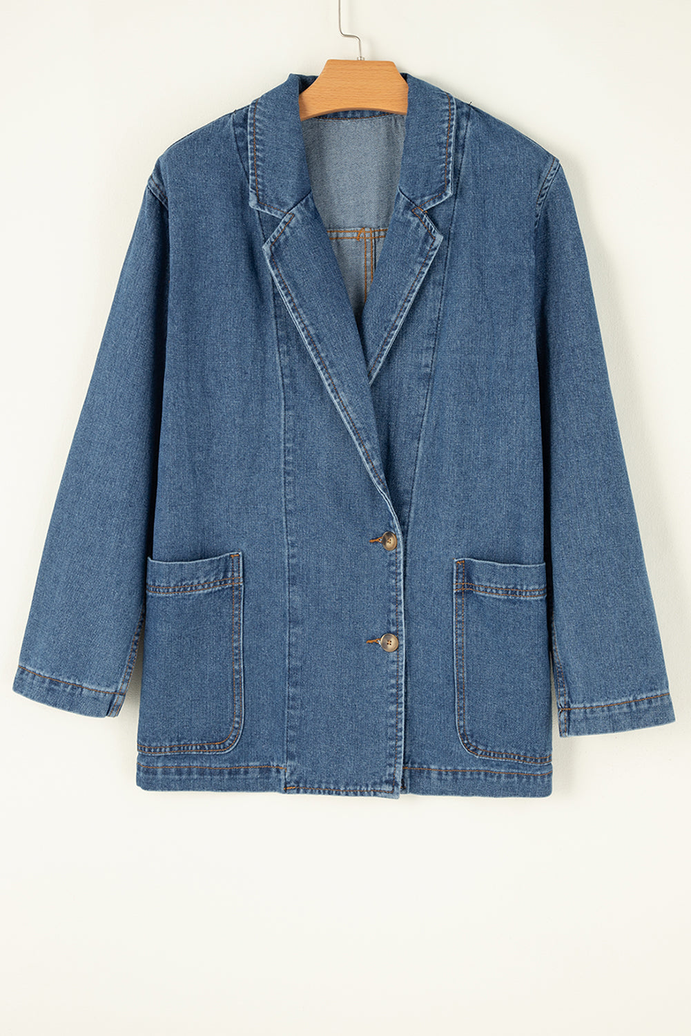 Medium Wash Side Pockets Lapel Collar 2-Button Denim Jacket
