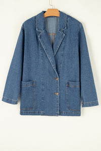 Medium Wash Side Pockets Lapel Collar 2-Button Denim Jacket