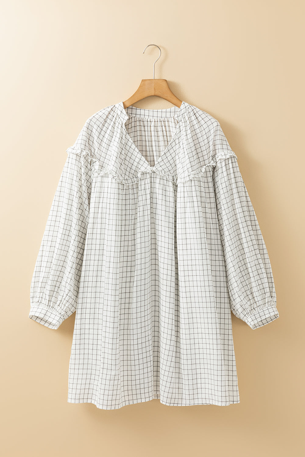 White Stripe Checkered Frilled V-Neck Bracelet Sleeve Babydoll Dress