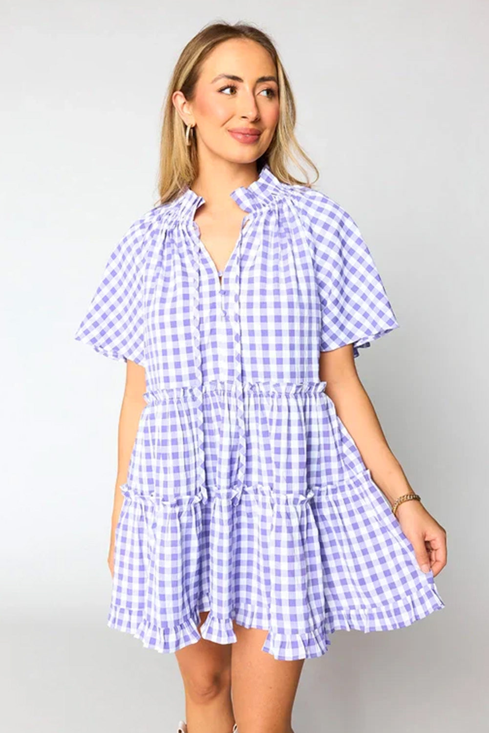 Lavender Plaid Ruffle Flared Sleeve Babydoll Mini Dress