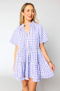 Lavender Plaid Ruffle Flared Sleeve Babydoll Mini Dress